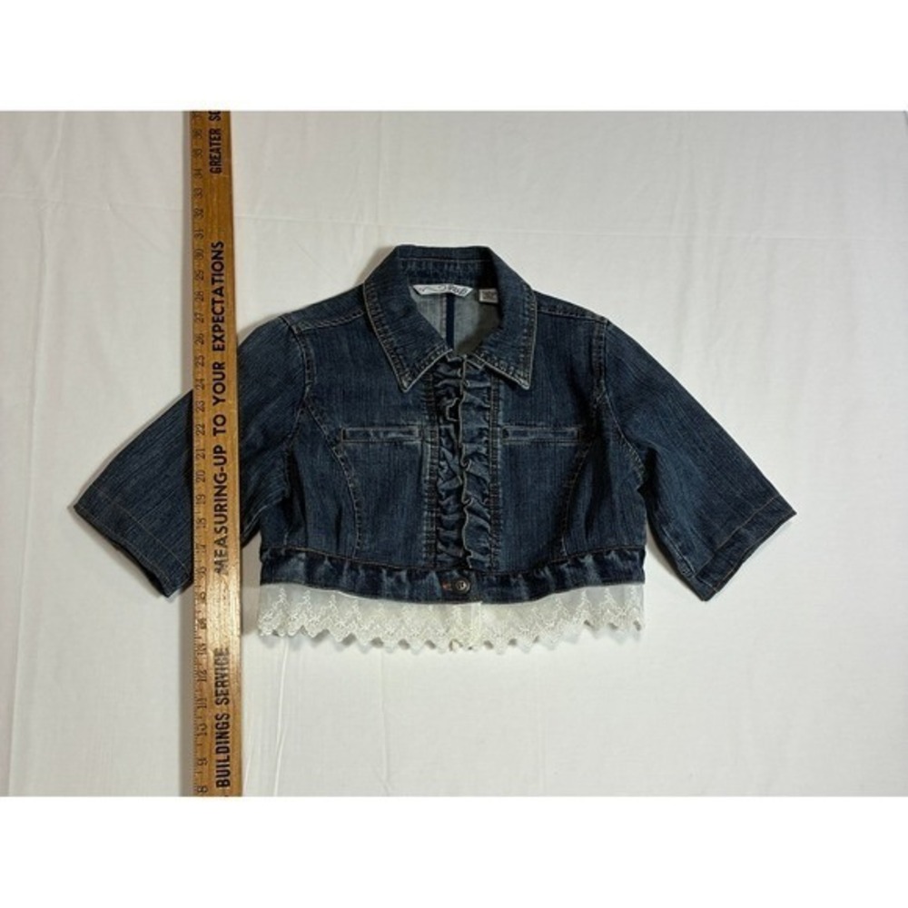 RXB Dark Wash Cropped Denim Jacket Ruffle Front Lace Trim Short Sleeve S